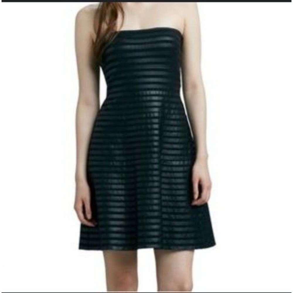 Aidan Mattox black Strapless A-line Vegan Leather Mesh Little Black Dress sz 6